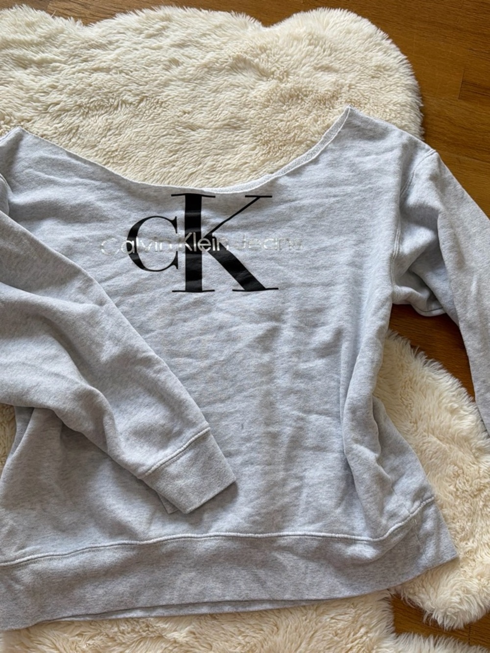 Calvin Klein Light Gray Off-the-Shoulder CK Logo Sweater